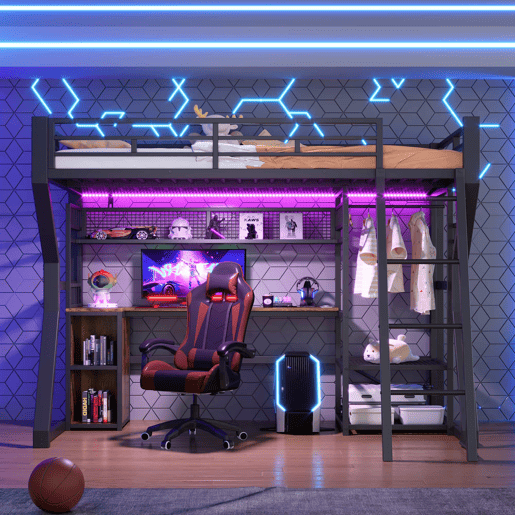 Cama alta 90x200 cm - estrutura em ferro, faixa de luz LED, tomada integrada, zona para pendurar roupa, secretária, compartimentos de arrumação, prateleiras, espaço aberto debaixo da cama, sem colchão - preto
