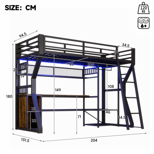 Cama alta 90x200 cm - estrutura em ferro, faixa de luz LED, tomada integrada, zona para pendurar roupa, secretária, compartimentos de arrumação, prateleiras, espaço aberto debaixo da cama, sem colchão - preto
