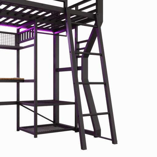 Cama alta 90x200 cm - estrutura em ferro, faixa de luz LED, tomada integrada, zona para pendurar roupa, secretária, compartimentos de arrumação, prateleiras, espaço aberto debaixo da cama, sem colchão - preto