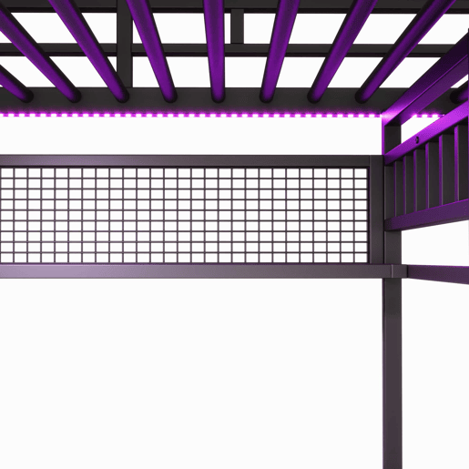 Cama alta 90x200 cm - estrutura em ferro, faixa de luz LED, tomada integrada, zona para pendurar roupa, secretária, compartimentos de arrumação, prateleiras, espaço aberto debaixo da cama, sem colchão - preto