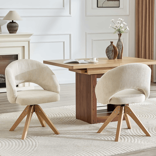 Cadeiras Retro-Luxo, Conjunto de 2 - Estrutura em tecido branco com riscas verticais e pés em madeira maciça, função de rotação silenciosa de 360° e encosto curvo envolvente - Branco, Madeira