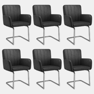 Conjunto de 6 cadeiras de jantar (6 unidades) u2013 riscas verticais, assento almofadado, pés metálicos em ziguezague, couro sintético, estilo lounge u2013 Preto