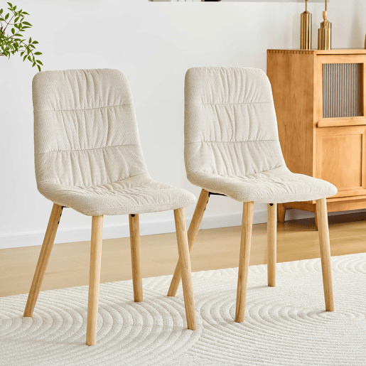 Conjunto de 2 cadeiras de jantar de 88 cm - estofadas em tecido plissado, pernas em madeira maciça, estilo nórdico moderno - branco e madeira