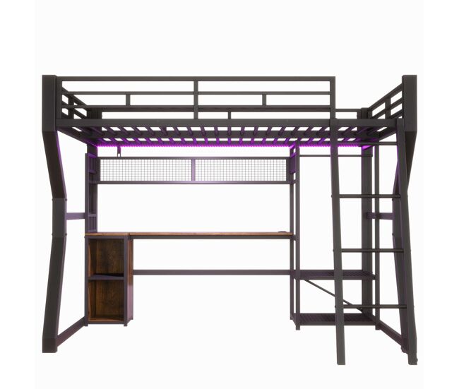 Cama alta con escritorio 140x200 cm - estructura de hierro con tira led, enchufe integrado, zona de colgar ropa, escritorio, estantes y compartimentos