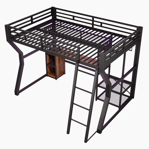 Cama alta com secretária 140x200 cm - estrutura em ferro com faixa de LED, tomada integrada, zona para pendurar roupa, secretária, prateleiras e compartimentos de arrumação, espaço inferior aberto, sem colchão - preto