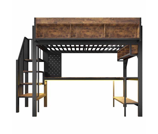 Cama alta 140x200 cm - escritorio en esquina, almacenamiento, panel perforado, enchufe usb-c y led, en747 (sin colchón) - negro + vintage