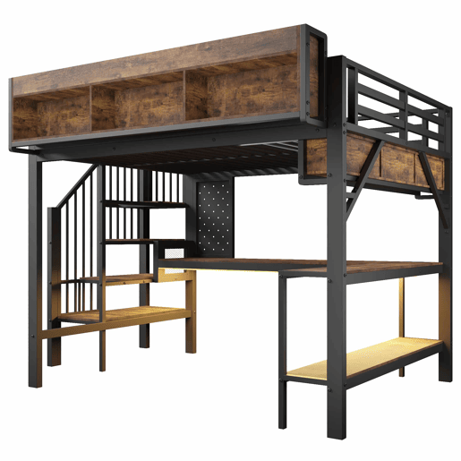 Cama alta 140x200 cm - secretária de canto, arrumação, painel perfurado, tomada USB-C e LED, EN747 (sem colchão) - Preto + Vintage Cama alta 140x200 cm - secretária de canto, arrumação, painel perfurado, tomada USB-C e LED, EN747 (sem colchão) - Preto + Vintage