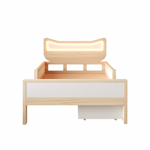 Cama infantil 90x200 cm - cabeceira com orelhas de gato, iluminação LED RGB, base de colchão, gaveta e espaço de arrumação reversível, grades de segurança - branco e carvalho