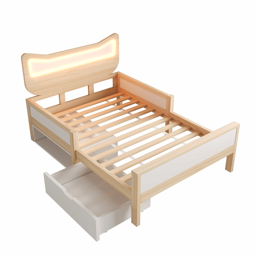 Cama infantil 90x200 cm - cabeceira com orelhas de gato, iluminação LED RGB, base de colchão, gaveta e espaço de arrumação reversível, grades de segurança - branco e carvalho
