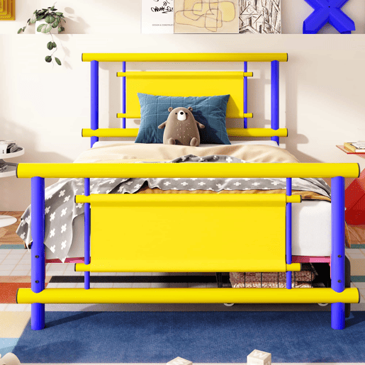 Estrutura de cama infantil em metal 90x200 - com gavetas, cama de plataforma, construção robusta em aço, design com cores vivas, economia de espaço para quartos de meninos e meninas - azul