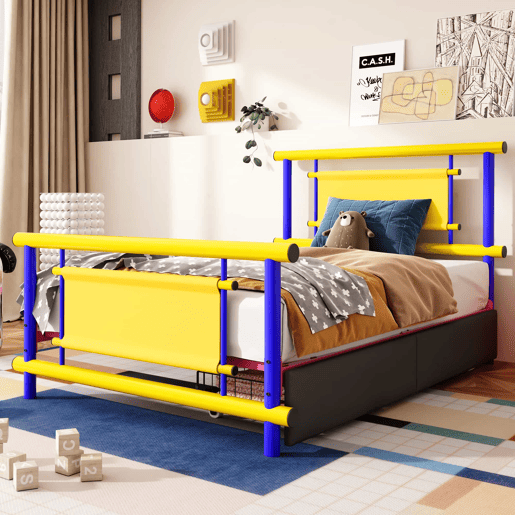 Estrutura de cama infantil em metal 90x200 - com gavetas, cama de plataforma, construção robusta em aço, design com cores vivas, economia de espaço para quartos de meninos e meninas - azul