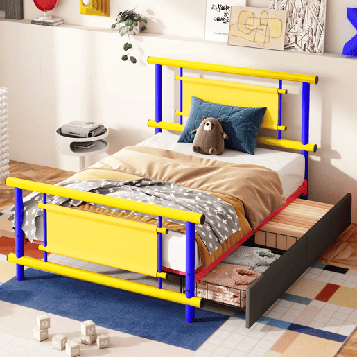 Estrutura de cama infantil em metal 90x200 - com gavetas, cama de plataforma, construção robusta em aço, design com cores vivas, economia de espaço para quartos de meninos e meninas - azul