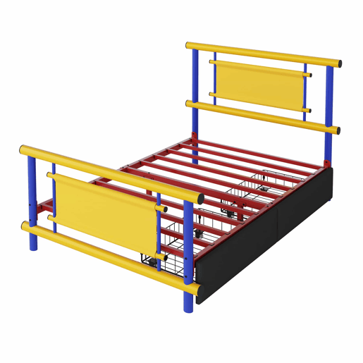 Estrutura de cama infantil em metal 90x200 - com gavetas, cama de plataforma, construção robusta em aço, design com cores vivas, economia de espaço para quartos de meninos e meninas - azul