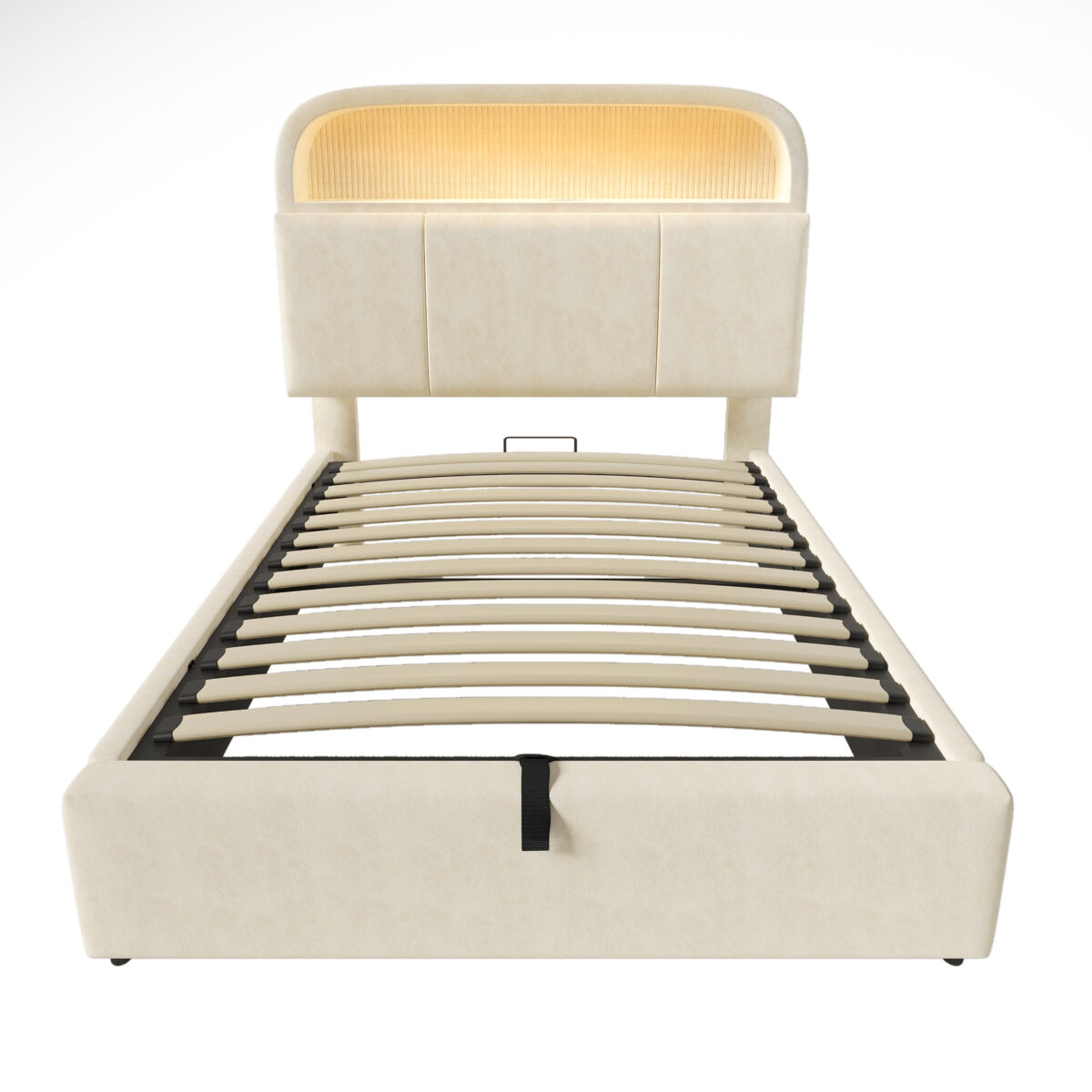 Cama tapizada 90x200 cm - cabecero con almacenamiento ajustable, led y cargador usb/type-c - beige