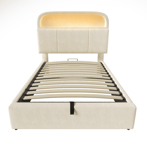 Cama estofada 90x200 cm - Cabeceira com arrumação ajustável, LED e carregador USBType-C - Bege Cama estofada 90x200 cm - Cabeceira com arrumação ajustável, LED e carregador USBType-C - Bege