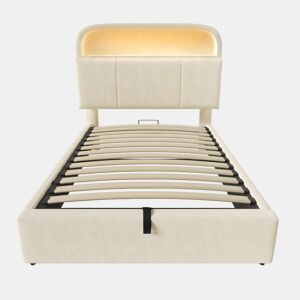 Cama estofada 90x200 cm - Cabeceira com arrumação ajustável, LED e carregador USBType-C - Bege