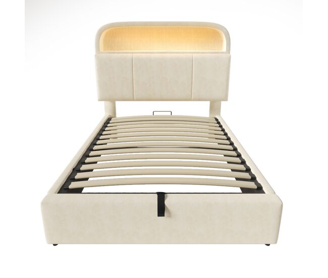 Cama tapizada 90x200 cm - cabecero con almacenamiento ajustable, led y cargador usb/type-c - beige
