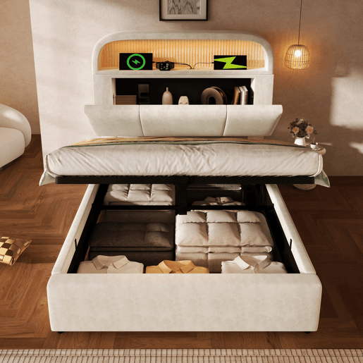 Cama estofada 90x200 cm - Cabeceira com arrumação ajustável, LED e carregador USBType-C - Bege Cama estofada 90x200 cm - Cabeceira com arrumação ajustável, LED e carregador USBType-C - Bege