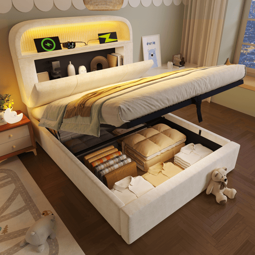 Cama estofada 90x200 cm - Cabeceira com arrumação ajustável, LED e carregador USBType-C - Bege Cama estofada 90x200 cm - Cabeceira com arrumação ajustável, LED e carregador USBType-C - Bege