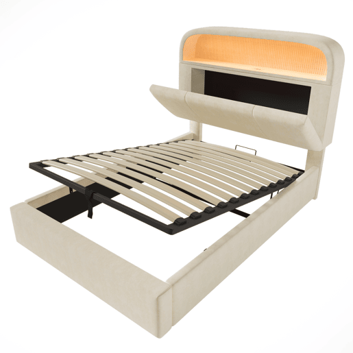Cama estofada 90x200 cm - Cabeceira com arrumação ajustável, LED e carregador USBType-C - Bege Cama estofada 90x200 cm - Cabeceira com arrumação ajustável, LED e carregador USBType-C - Bege