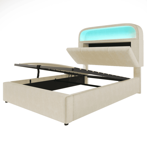 Cama estofada 90x200 cm - Cabeceira com arrumação ajustável, LED e carregador USBType-C - Bege Cama estofada 90x200 cm - Cabeceira com arrumação ajustável, LED e carregador USBType-C - Bege
