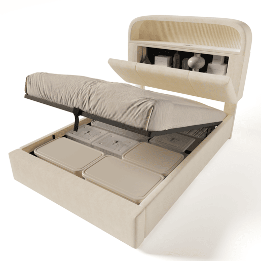 Cama estofada 90x200 cm - Cabeceira com arrumação ajustável, LED e carregador USBType-C - Bege Cama estofada 90x200 cm - Cabeceira com arrumação ajustável, LED e carregador USBType-C - Bege