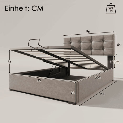 Cama individual 90x200 cm - Polsterbett com cabeceira ajustável, estrutura metálica com estrado e arrumação - Cinza claro