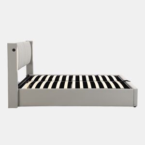 Cama estofada 140 x 200 cm - hidráulica, LED, USB recarregável, com arrumação, cabeceira ajustável, PU - cinzenta