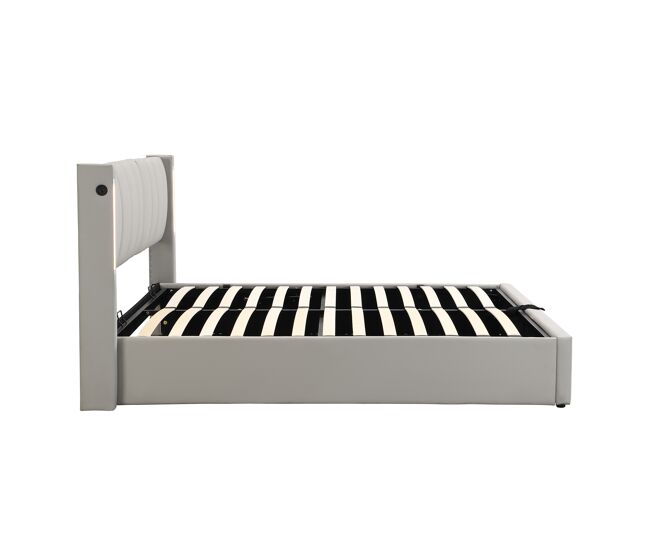 Cama tapizada 140 x 200 cm - hidráulica, led, usb recargable, con almacenamiento, cabecero ajustable, pu - gris