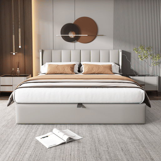 Cama estofada 140 x 200 cm - hidráulica, LED, USB recarregável, com arrumação, cabeceira ajustável, PU - cinzenta
