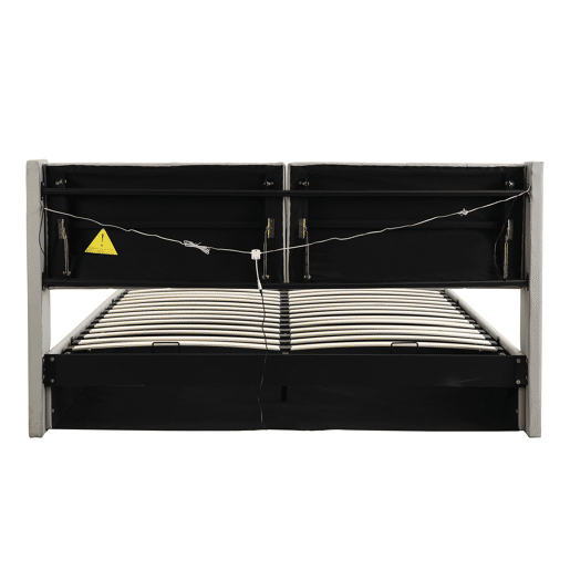 Cama estofada 140 x 200 cm - hidráulica, LED, USB recarregável, com arrumação, cabeceira ajustável, PU - cinzenta