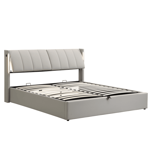 Cama estofada 140 x 200 cm - hidráulica, LED, USB recarregável, com arrumação, cabeceira ajustável, PU - cinzenta