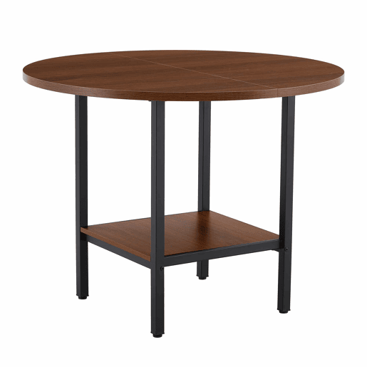 Mesa de jantar redonda com 100 cm de diâmetro - com prateleira de arrumação, acabamento em nogueira, estrutura metálica, para 4-6 pessoas - nogueira