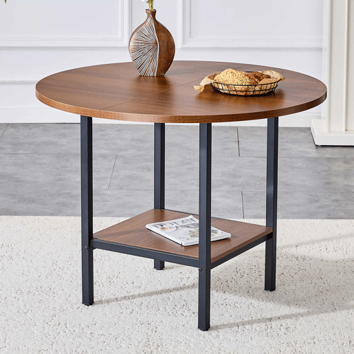 Mesa de jantar redonda com 100 cm de diâmetro - com prateleira de arrumação, acabamento em nogueira, estrutura metálica, para 4-6 pessoas - nogueira