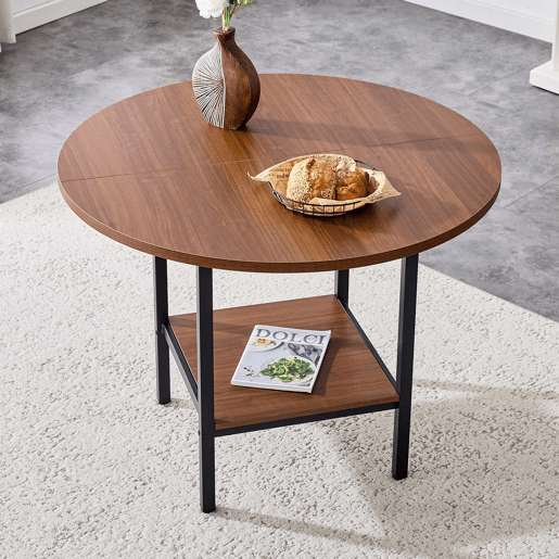 Mesa de jantar redonda com 100 cm de diâmetro - com prateleira de arrumação, acabamento em nogueira, estrutura metálica, para 4-6 pessoas - nogueira