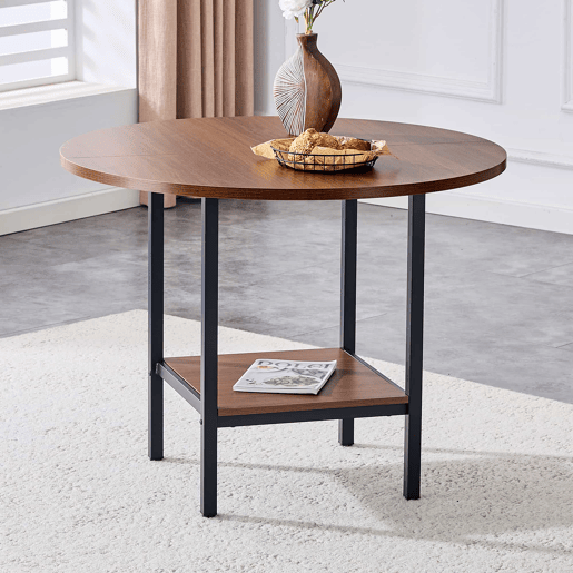 Mesa de jantar redonda com 100 cm de diâmetro - com prateleira de arrumação, acabamento em nogueira, estrutura metálica, para 4-6 pessoas - nogueira