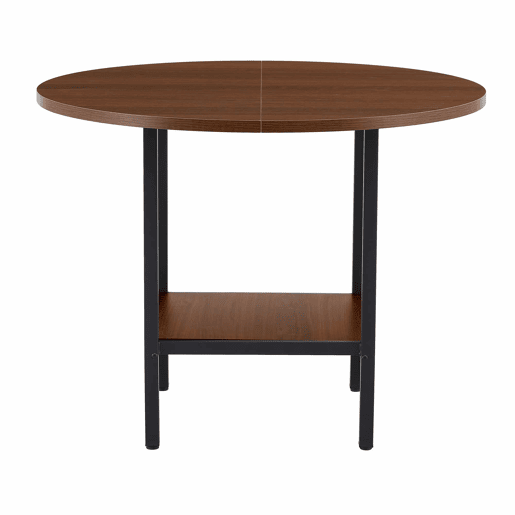 Mesa de jantar redonda com 100 cm de diâmetro - com prateleira de arrumação, acabamento em nogueira, estrutura metálica, para 4-6 pessoas - nogueira