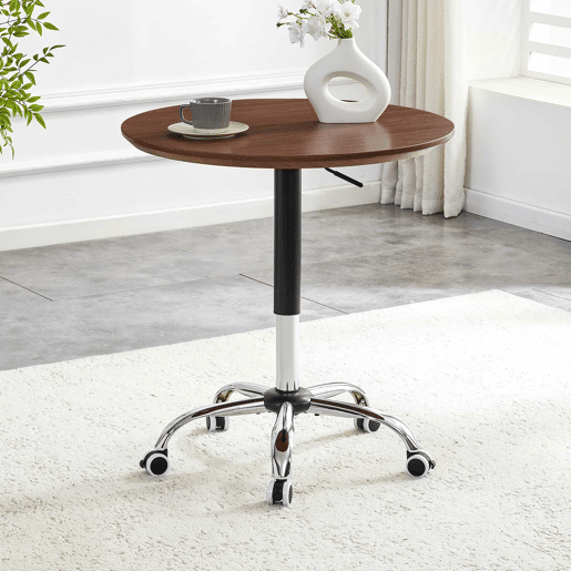 Mesa auxiliar com rodízios e altura ajustável, Ø70 cm - design moderno, mesa redonda para escritório, cozinha e café - cor nogueira