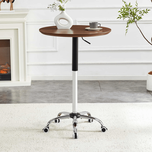 Mesa auxiliar com rodízios e altura ajustável, Ø70 cm - design moderno, mesa redonda para escritório, cozinha e café - cor nogueira