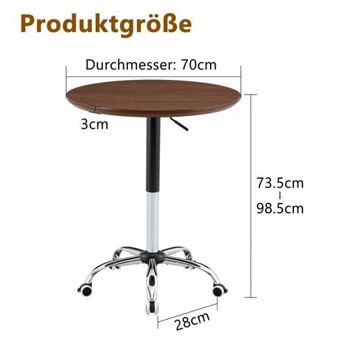 Mesa auxiliar com rodízios e altura ajustável, Ø70 cm - design moderno, mesa redonda para escritório, cozinha e café - cor nogueira