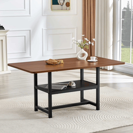 Mesa de jantar retangular 160x90x76 cm - design industrial com prateleira multifuncional e pés de metal pretos - preto e nogueira