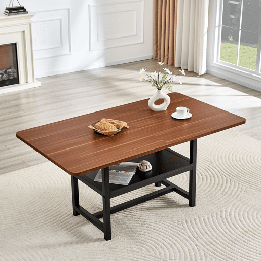 Mesa de jantar retangular 160x90x76 cm - design industrial com prateleira multifuncional e pés de metal pretos - preto e nogueira