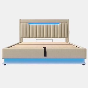 Cama estofada 140x200 cm - Cabeceira com arrumação, portas USB e tipo C, iluminação LED, com arrumação hidráulica - Bege