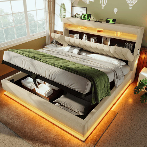 Cama estofada 140x200 cm - Cabeceira com arrumação, portas USB e tipo C, iluminação LED, com arrumação hidráulica - Bege