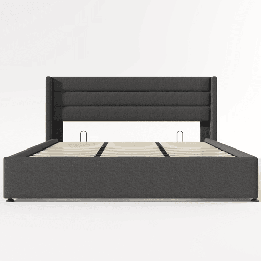 Cama estofada 180x200 cm - Cama hidráulica com arrumação, estrado de madeira e estrutura metálica - Cinza