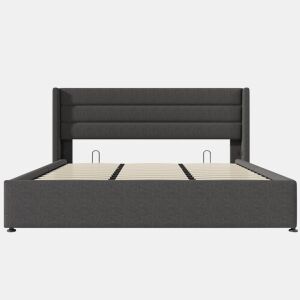 Cama estofada 180x200 cm - Cama hidráulica com arrumação, estrado de madeira e estrutura metálica - Cinza