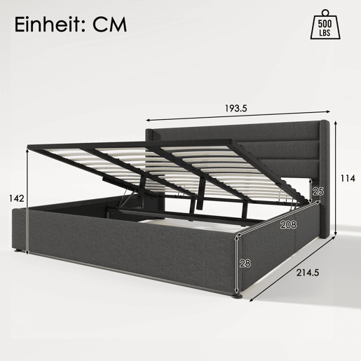 Cama estofada 180x200 cm - Cama hidráulica com arrumação, estrado de madeira e estrutura metálica - Cinza