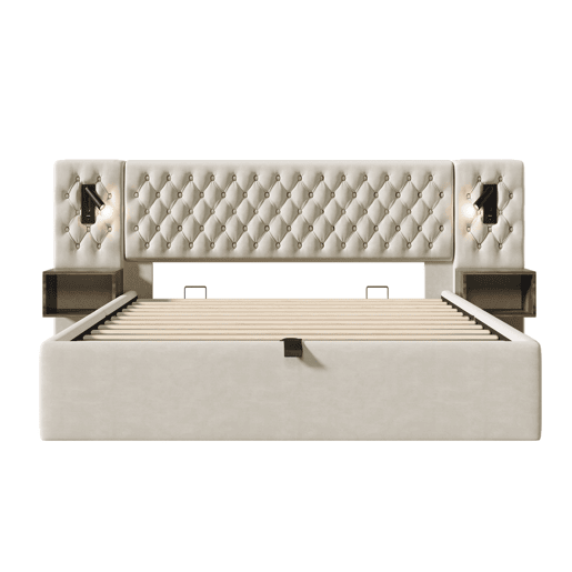 Cama Polsterbett 160x200 - Cama com arrumação hidráulica, 2 mesas de cabeceira, luz LED, bege
