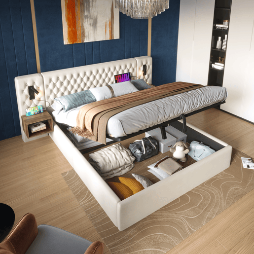 Cama Polsterbett 160x200 - Cama com arrumação hidráulica, 2 mesas de cabeceira, luz LED, bege