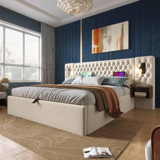 Cama Polsterbett 160x200 - Cama com arrumação hidráulica, 2 mesas de cabeceira, luz LED, bege